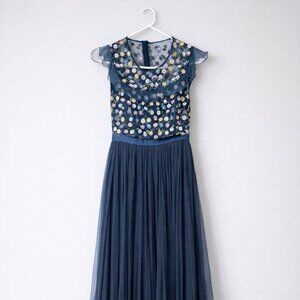 Needle & Thread x BHLDN Wanderer Blue Floral Embellished Tulle Maxi Gown Size 2